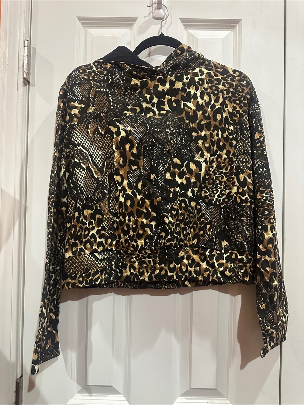 NWOT Zara Black & Brown Mixed Animal Print Hooded Pullover size S